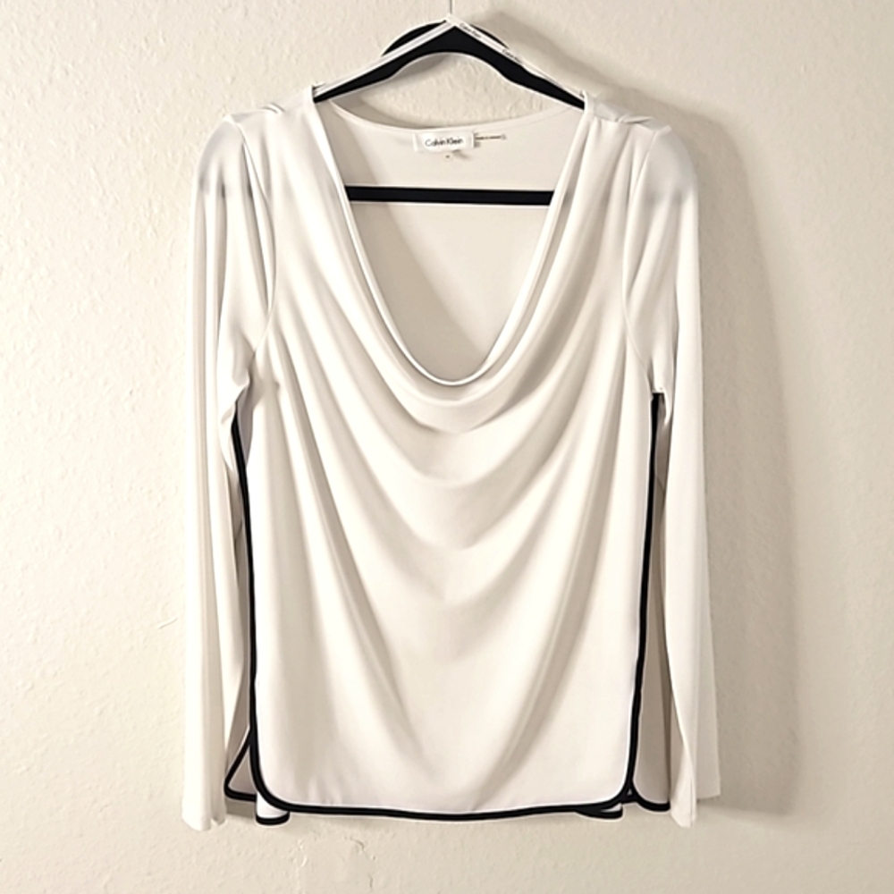 Calvin Klein White Long Sleeve Cowl Neck Blouse with Black Trim